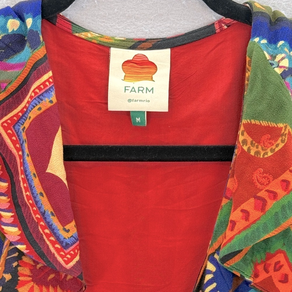 Farm Rio women’s Patchwork Tapestry ankle maxi Dress ruffle V-neck‎ tiered red M - Picture 9 of 11